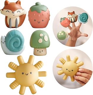 Itzy Ritzy Finger Puppet Bath Toy Set, 5-Piece Sensory Toy Set (Multicolor) | Includes 4 Soft Finger Puppets & 1 Water-Squirting Toy for Interactive Storytelling, Imaginative Play & Sensory Exploration