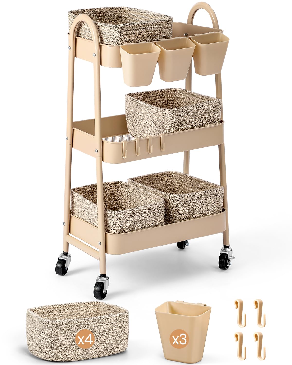 3-Tier Rolling Utility Cart with 4 Woven Baskets, Diaper Book Snack Cart, Storag