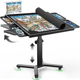 1500 Piece Jigsaw Puzzle Table with Legs, 35.43"x27.87" Metal Puzzle Tables for Adult (Stability Tested & Ergonomic), Adjustable Height & Tilt Angle, Wooden Puzzle Board with 4 Drawers & Cover