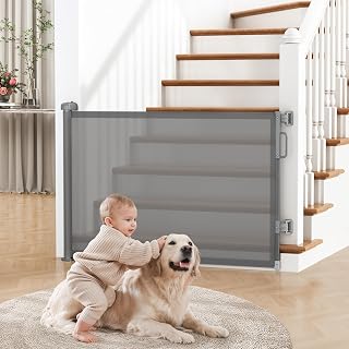Cideny Retractable Baby Gate for Stairs & Doorways, Dog Gate Indoor Outdoor | Extends to 55" Wide 34" Tall Mesh Child Gate for Hallways, Deck, Porch, Pet Toddler Safety Essentials, Easy Install, Gray