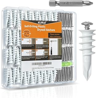 KURUI 140Pcs #8 Self Drilling Drywall Anchors and Screws Kit, No Drill Hole | Heavy Duty Dry Wall Anchors for Hanging Sheetrock, 70 Self-Tapping Plastic Hangers 70 Drywall Screws, Mounting Hardware -75LB