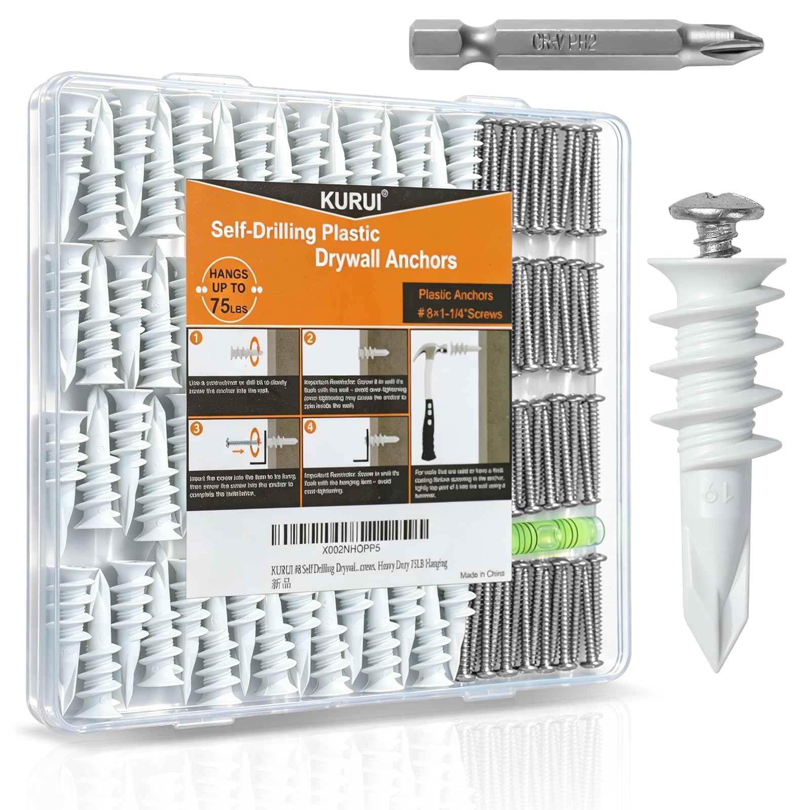KURUI 140Pcs #8 Self Drilling Drywall Anchors and Screws Kit, No Drill Hole | He