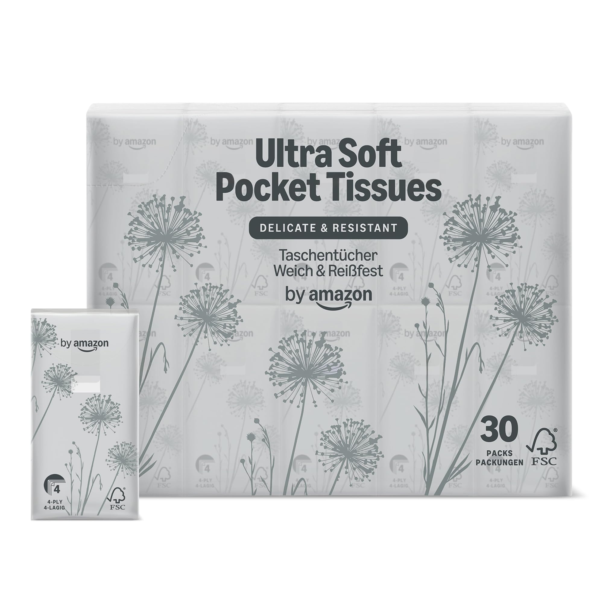 by Amazon 4-Ply Pocket Tissues, 300 Count (30 Packs of 10), White
