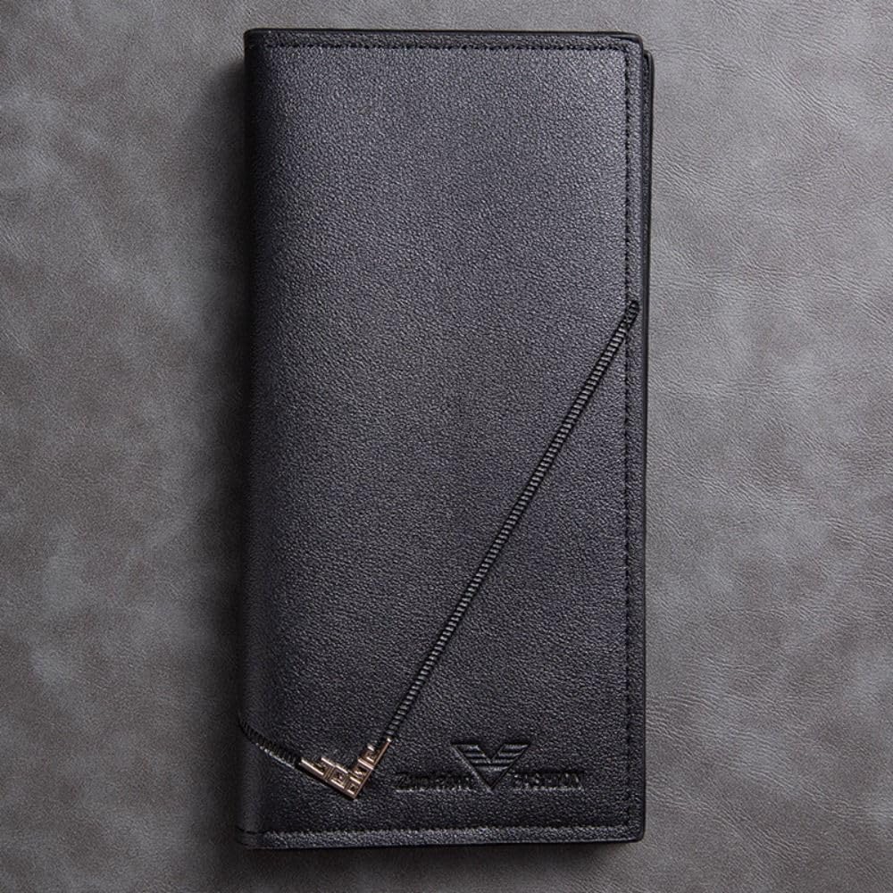 Slim PU Card Holder for Men Durable Large Capacity Long, Black, 18.5 x 9.5 cm / 