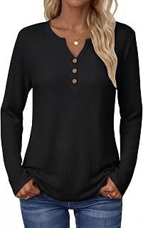 Zeagoo Blusa básica de manga larga para mujer, de punto gofre, elegante, casual, holgada, con botones, cuello en V, para otoño 2026