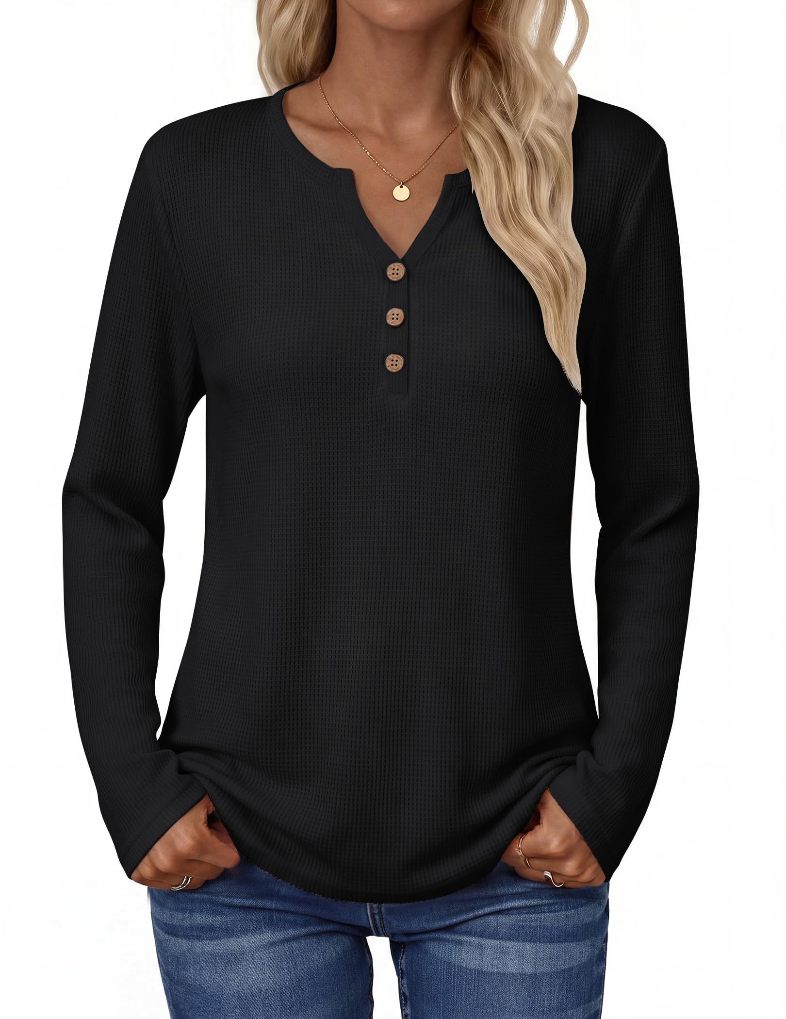 Zeagoo Blusa básica de manga larga para mujer, de punto gofre, elegante, casual,