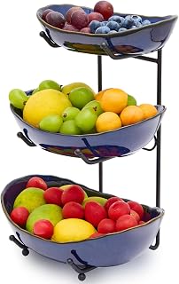 DUJUST 3 Tier Fruit Bowl, Kiln Altered Glaze Ceramic Fruit Stand, Stackable & Easy to Store, Multifunctional Serving Tray for Fruit/Vegetables/Snacks, Microwave & Dishwasher Safe - Dark Blue