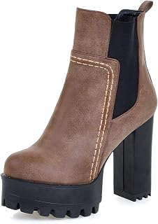 Women's Ankle Boots with Block Heel, Chelsea Boots, Round Toe, High Heel, Short Shaft Boots, No Closure with Platform, Size 33-48