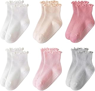 HDFHDF 6 Pairs Grippy Socks Baby Toddler Socks Baby Girl Cute Pleated Anti Slip Adhesive Floor Socks Learning to Walk Unsteadily