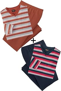 Set of 4 Men's Long Pyjamas Made of 100% Cotton, 2 Pyjama Sets for Men Including 2 x Pyjama Bottoms + 2 x Long Sleeve Sleep Shirt Size M - 3XL