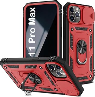 PASNEW Compatible with iPhone 11 Pro Max Case, Camera Cover, Sliding Lens, Charging Port, Dust Plug, 360° Rotating Ring, Stand, Heavy Duty, Full Body Shockproof, 6.5 inch, Red