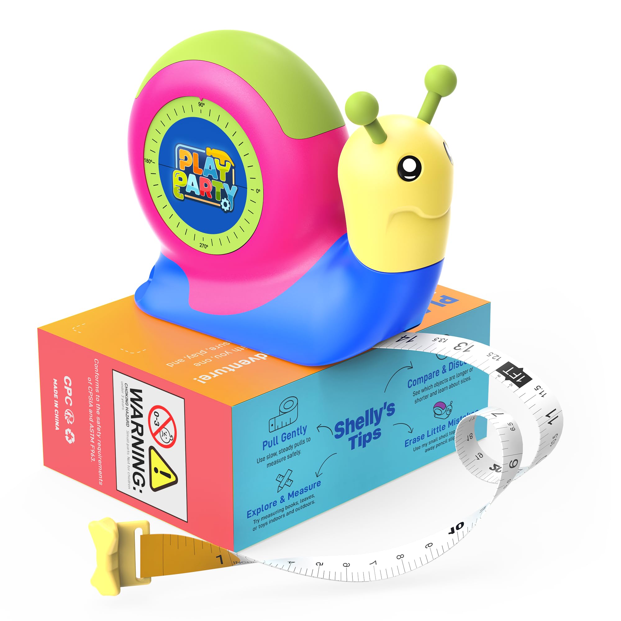 PLAYPARTY 8ft Tape Measure for Kids, STEM Educational Tool with Level, Protracto