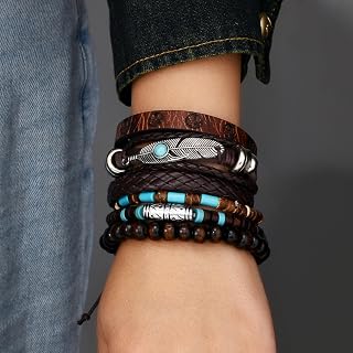 leather bracelet for men, western jewelry for women, retro turquoise boho wood bracelet