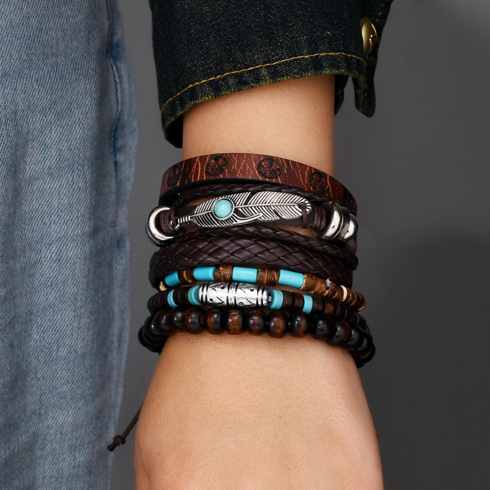 leather bracelet for men, western jewelry for women, retro turquoise boho wood b