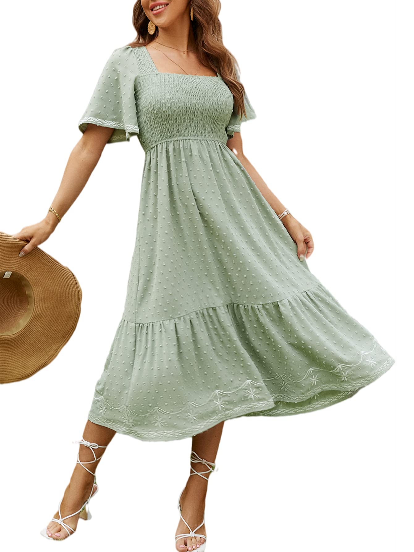 Glamaker Women's Short Sleeve Smocked Square Neck A Line Summer Flowy Maxi Long 