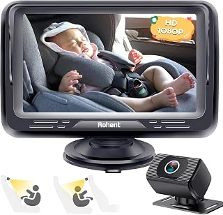 Baby Car Camera HD 1080P: Baby Car Mirror 5 Mins Easy Install for Car Seat | Crystal Night Vision Infant Travel Safety Kit Rohent N06, Black, 4.3 Inch Screen