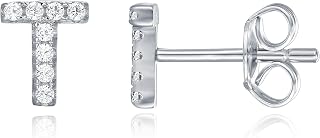 PAVOI Initial Earrings for Women, 925 Sterling Silver Pave CZ Studs