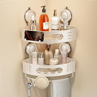 Voldra Corner Shower Caddy Suction Cup No Drilling, Shower Shelf Coner Bathroom Coner Shelves Aluminum Suction Shower Organiser Rack Corner Caddy with Towel Bar Wall Mounted(2 Pack, White)
