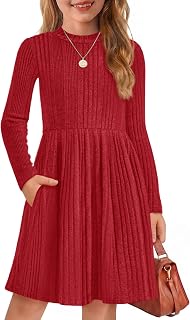 Arshiner Girls Dresses Long Sleeve A Line Knit Sweater Dress with Pockets