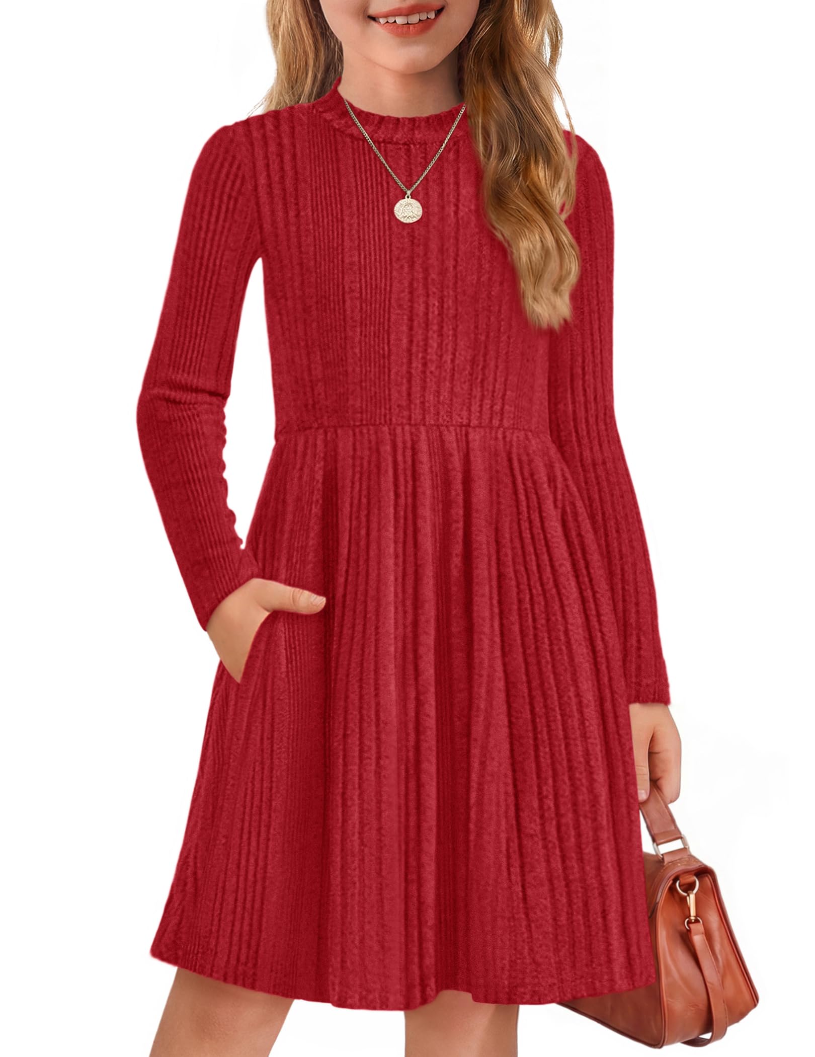 Arshiner Girls Dresses Long Sleeve A Line Knit Sweater Dress with Pockets