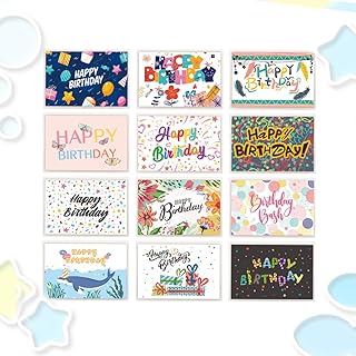 12 Happy Birthday Cards with Bulk Envelopes, Assorted Birthday Greeting Cards, 4" x 6"