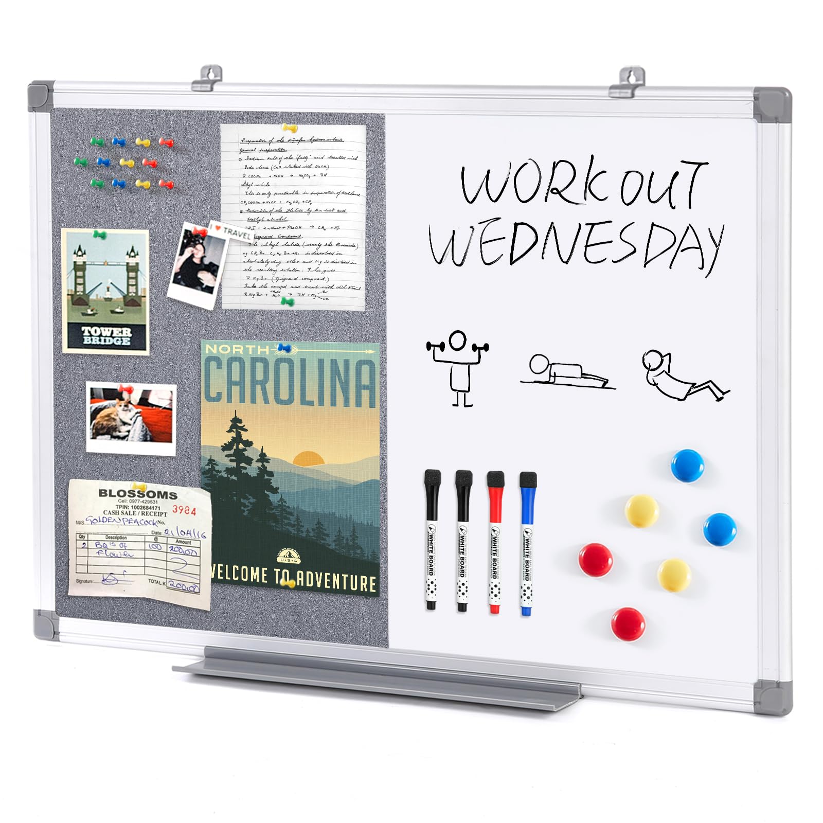SWANCROWN Bulletin Board White Board Combo, 24 x 18 in, Aluminum Frame | 2 in 1,