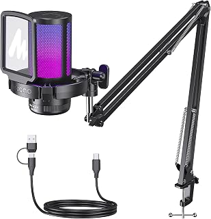 MAONO Gaming USB Microphone, Noise Cancellation Condenser mic with Mute, Gain, and Monitoring, Boom Arm for Streaming GamerWave DGM20S (Renewed)