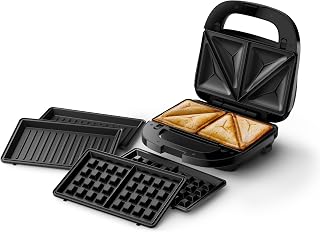 Philips Domestic Appliances Sandwichera serie 5000, 750 W, Panini, Gofre, Placas para Sándwich, Negro/Plata (HD2350/80) | 3 juegos de placas – paninis, sándwiches y gofres, antiadherentes, sistema Easy Lock, fácil de limpiar (HD2350/80)