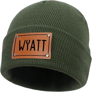 Lanleay Custom Toddler Baby Beanies, Mama Mini Matching Hats, Leather Patch Knit Hats Winter Beanies for Infant, Kids Adults