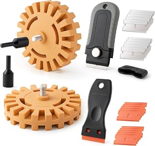 Gomake Eraser Wheel Decal Remover Tool Kit Rubber Eraser Wheel for Drill | 2PCS Rubber Wheels with Razor Blade Scrapers &amp; Drill Adapter, Sticker Remover Tool for Removing Car Decal ,Adhesive ,Graphics