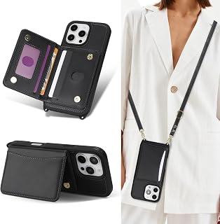 Lipvina Crossbody Wallet Case for iPhone 16 Pro Max for Women, Black | 3 card slots,1 ID slot,1 cash pockets,RFID blocking,adjustable Crossbody strap, kickstand,Premium PU leather