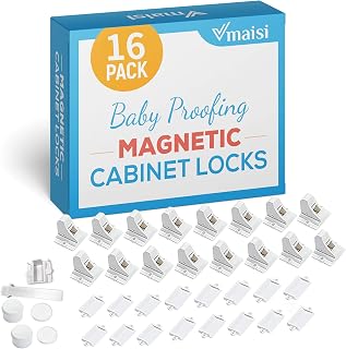 Vmaisi Child Safety Magnetic Cabinet Locks Baby Proofing 16 Locks & 2 Keys | Children Proof Baby Locks - Adhesive or Screws Fixed for Cabinets and Drawers Protection