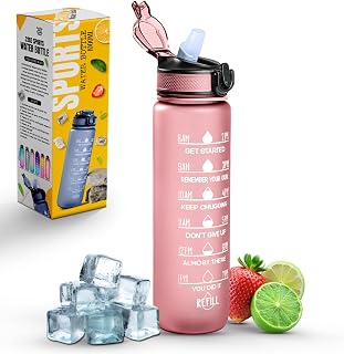Roe Tenpo Sports Water Bottle with Straw and Time Marking, and 32OZ Capacity - Motivational and Eco-Friendly BPA-Free Bottle for Running, Gym, Yoga, Outdoors, and Camping (Style-1, Pink)