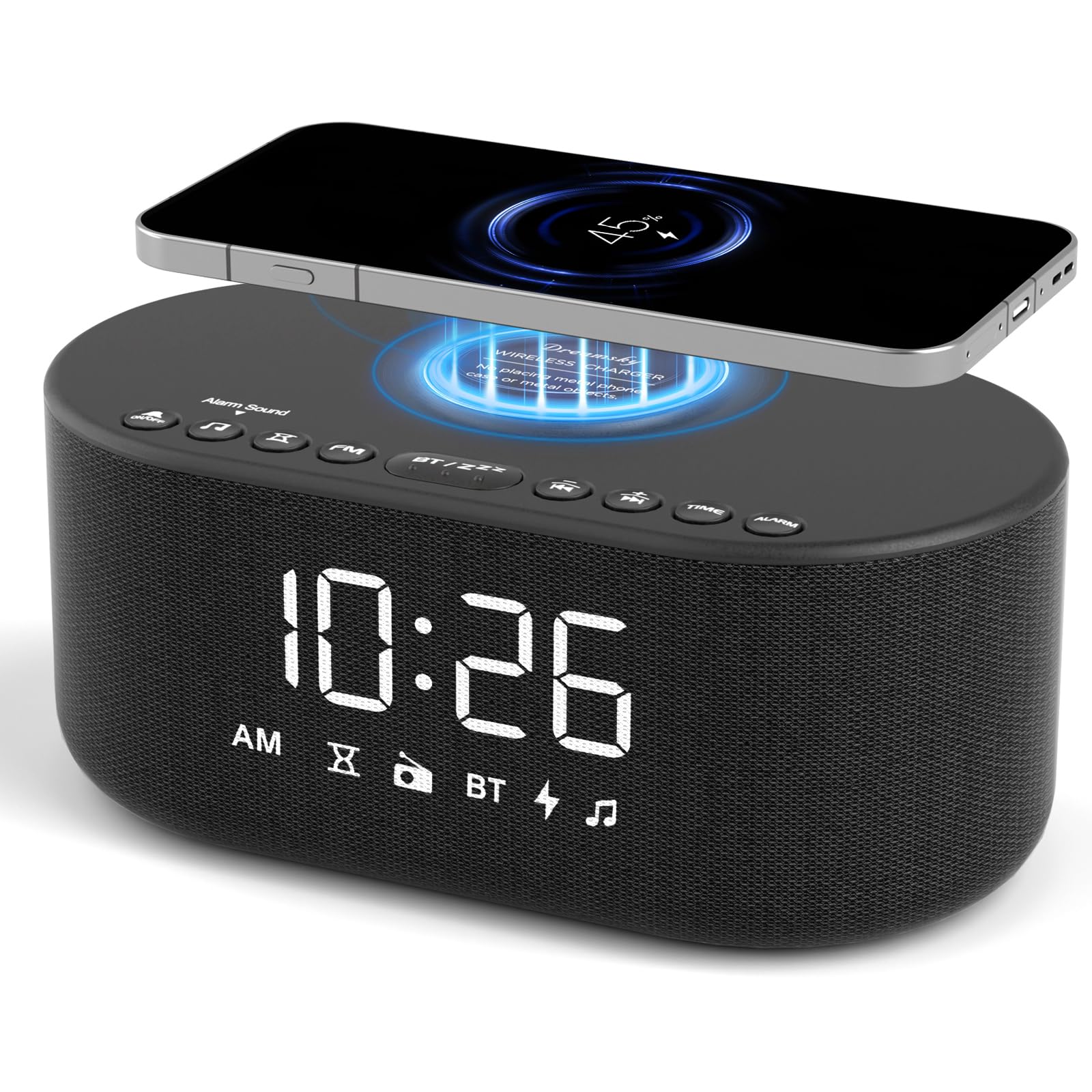 DreamSky Alarm Clock Radio with Wireless Charging and Bluetooth Speaker | Loud A