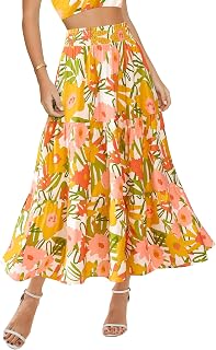 BTFBM Women Casual Summer Long Skirt High Waist Pleated Skirt Flowy Pockets
