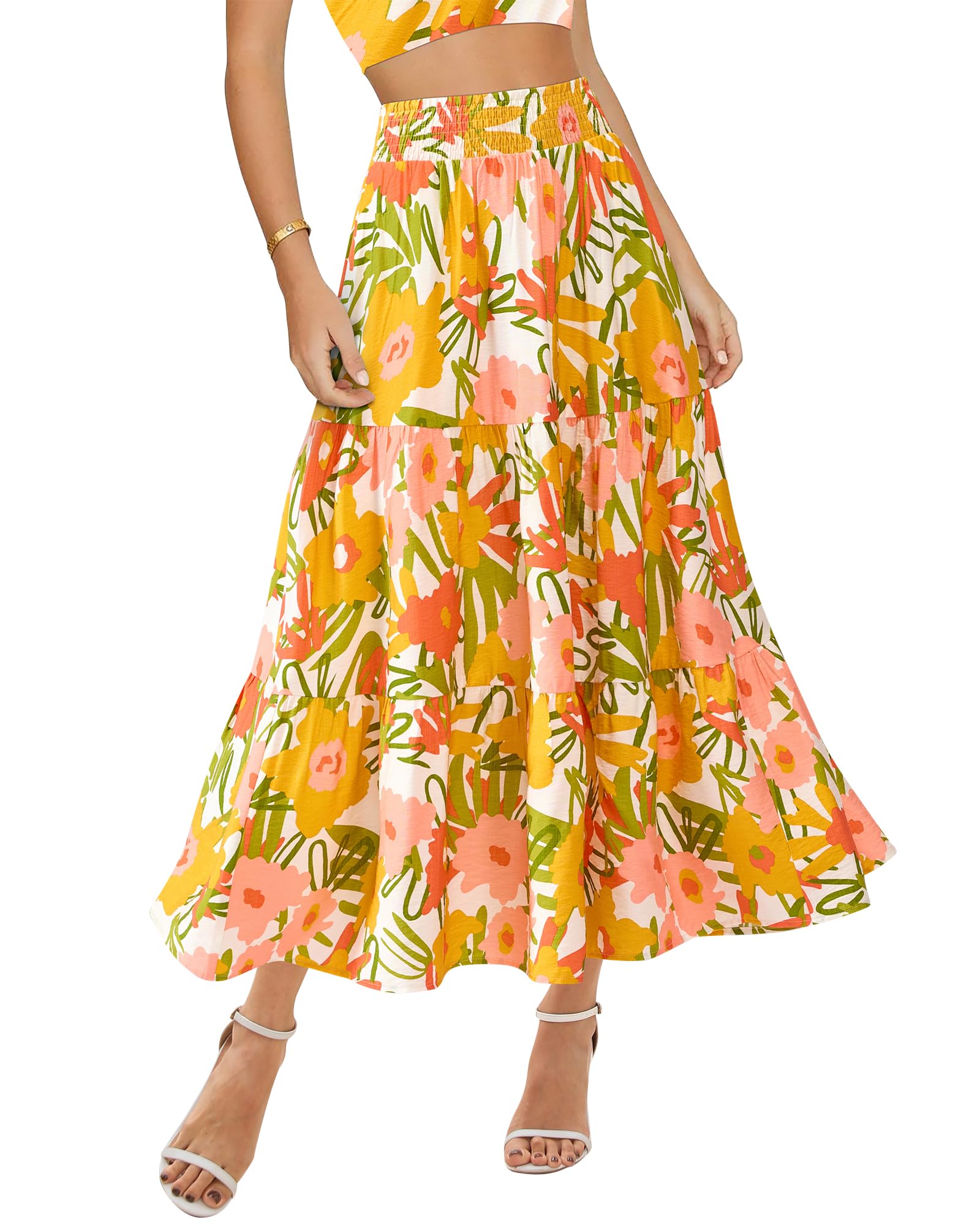 BTFBM Women Casual Summer Long Skirt High Waist Pleated Skirt Flowy Pockets