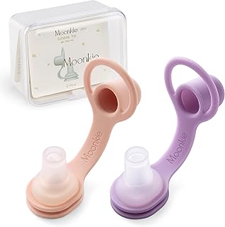 Moonkie Baby Food Pouch Topper: Flow-Control Design Reduces Food Squirts | BPA-Free Silicone Tops - Soft on Baby Mouths - Prevent Spills for Easier Self-Feeding - Fits Most Pouches - 2 Pack with Case