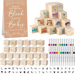 Aisharery 117 Pcs Baby Shower Blocks to Decorate Game Kit Includes 52 Wooden Blocks 24 Markers 1 Game Sign 40 Templates to Paint (Kraft)