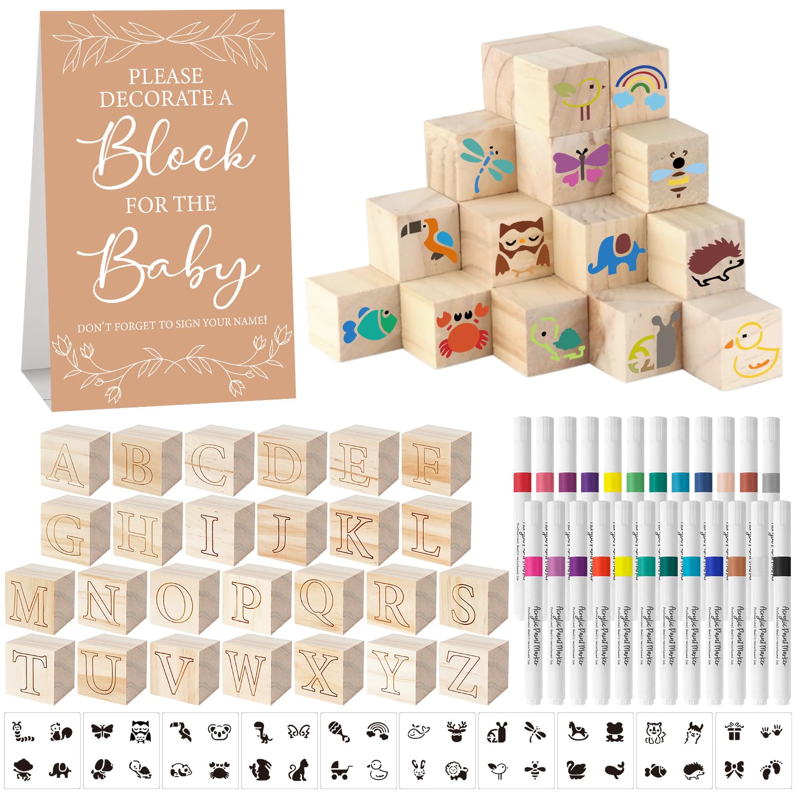 Aisharery 117 Pcs Baby Shower Blocks to Decorate Game Kit Includes 52 Wooden Blo
