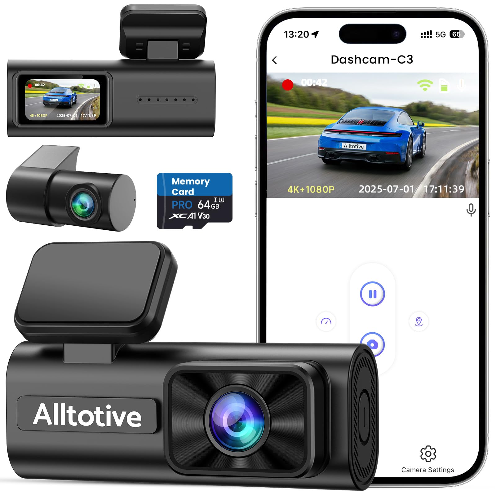 Dash Cam Front and Rear 4K+1080P, Dual Dashcam with 64GB Card | 5GHz WiFi, App C