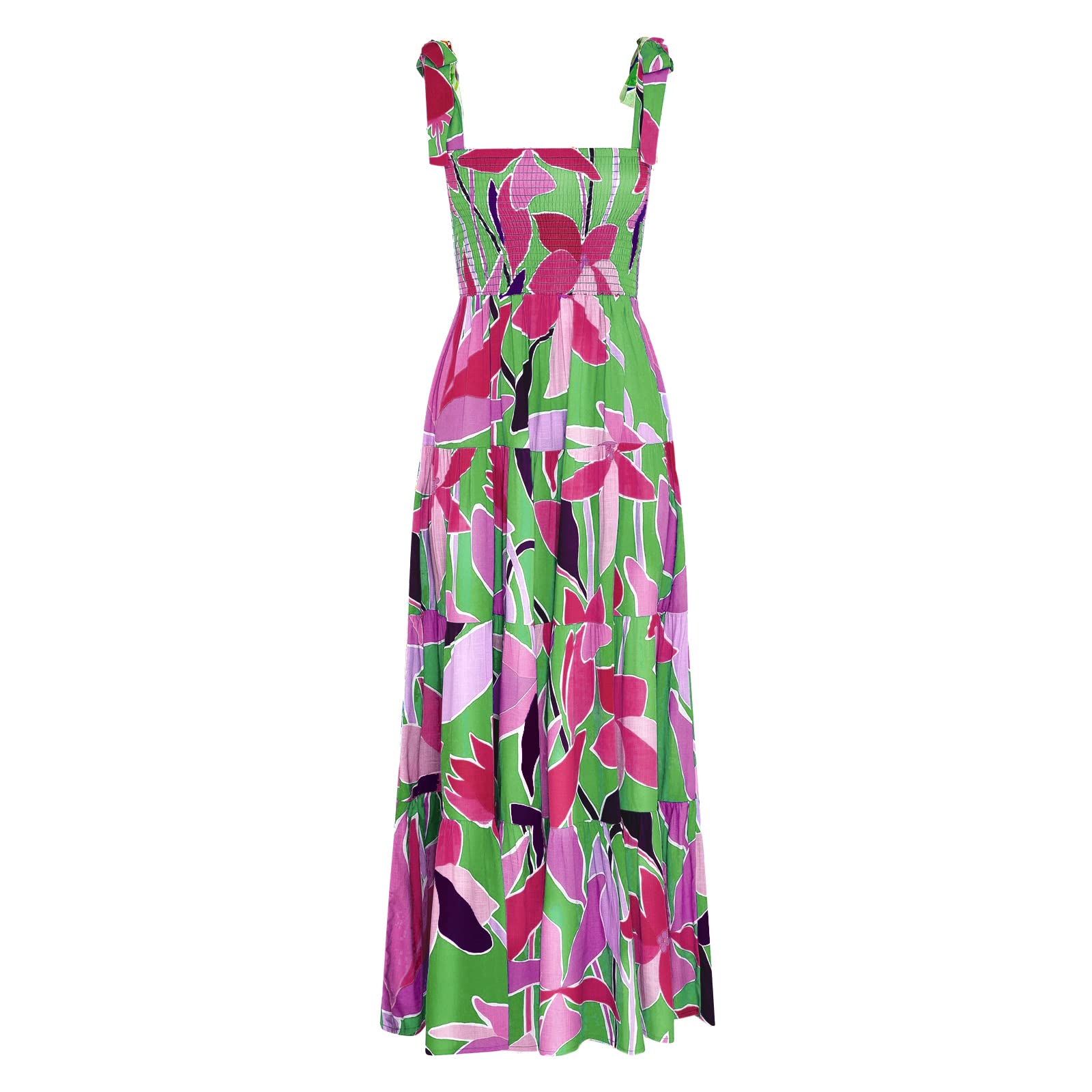 kinstell - Women's Summer Boho Spaghetti Strap Square Neck Ruffle Casual Beach P