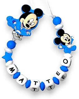 Personalised Dummy Chain with Name for Newborns, Universal Dummy Clip for Fall Protection (Mickey)