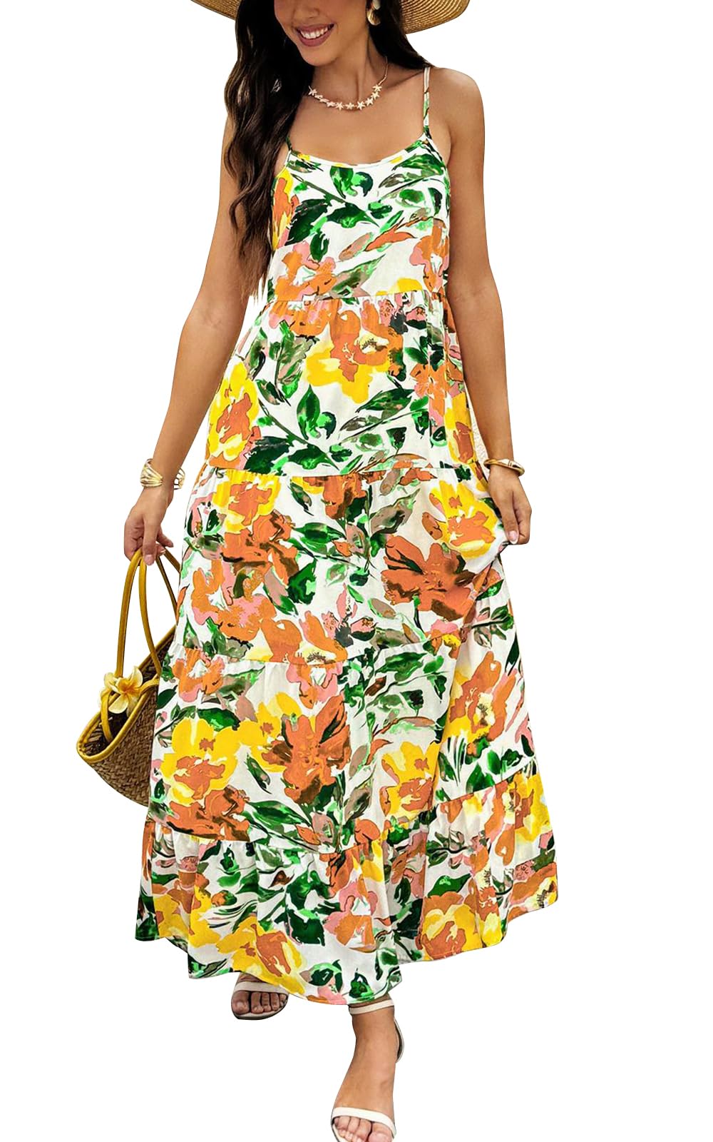 PRETTYGARDEN Women's Summer Dresses 2025 Spaghetti Strap Scoop Neck Floral Maxi 
