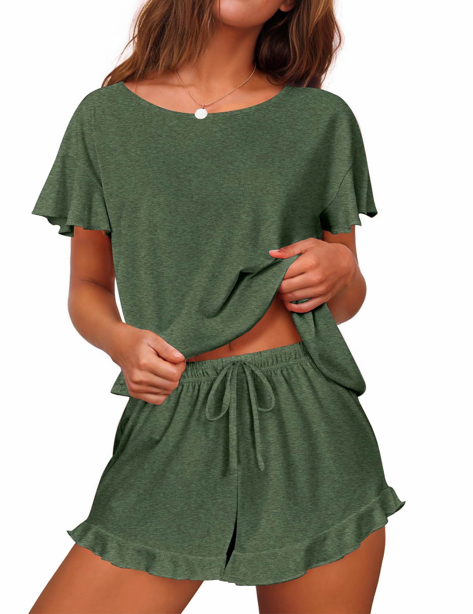 Ekouaer Womens 2 Piece Pajama Set Ruffle Sleeve Soft Short Pajama Set