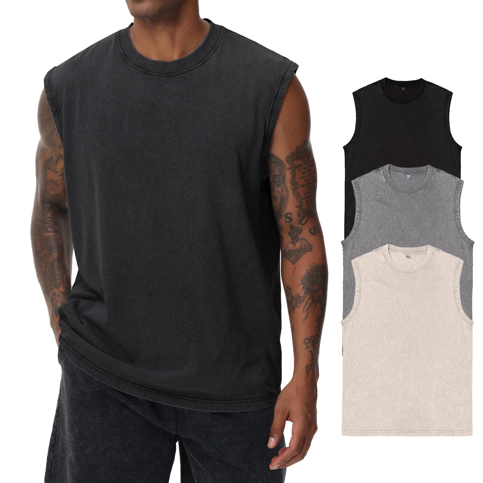Mens Summer Sleeveless Short Sleeve T-Shirt Fitness Vest Sleeveless Washed Sleev