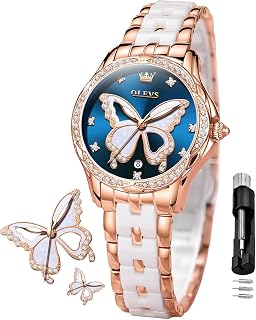 OLEVS Ladies Rose Gold Diamond Elegant Quar Wrist Watch with Stainless Steel and Two Tone Ceramic 30M Waterproof Strap and Luminous Hands - Ladies Watches
