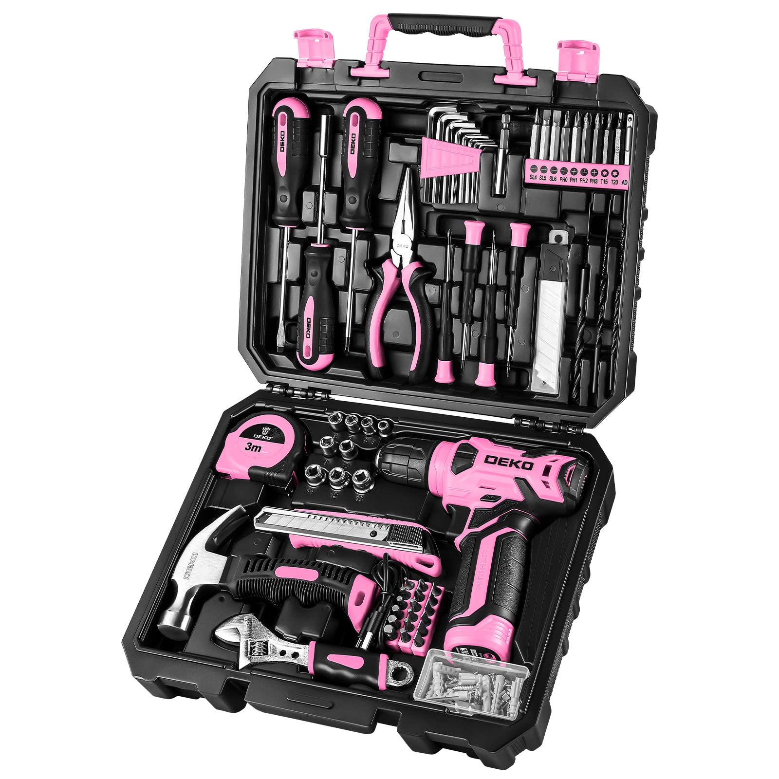 DEKOPRO Drill Set, Home Tool Set with 8V Pink Cordless Drill, Hand Tool Kit for 