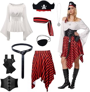 Pack of 9 Pirate Costume Women's Halloween Romper Dress Shirt Bandana Corset Waist Belt Eye Patch Renaissance Corset Dress Suitable Pirate Cosplay Outfit