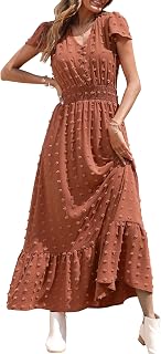 PRETTYGARDEN Womens Dresses 2025 Summer Maxi Dress Boho Short Sleeve V Neck Swiss Dot Ruffle Tiered Smocked Flowy Long Dress