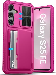 ATATOO for Samsung Galaxy S25 FE Wallet Case with Card Holder (3-5 Cards) [RFID Blocking] & Sliding Camera Cover, Military Grade Protection, Women Men Cover Case for Galaxy S25 FE 6.7" 2025, Hot Pink